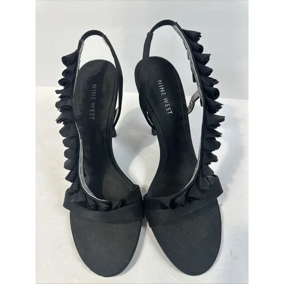 Women's Nine West Ankle Ruffle Strap Toe Spike Heel Leather Shoes Black Size 8M - Picture 2 of 7
